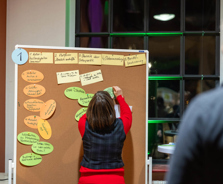 Eine Frau pinnt einen grünen, ovalen Zettel an eine Pinnwand.